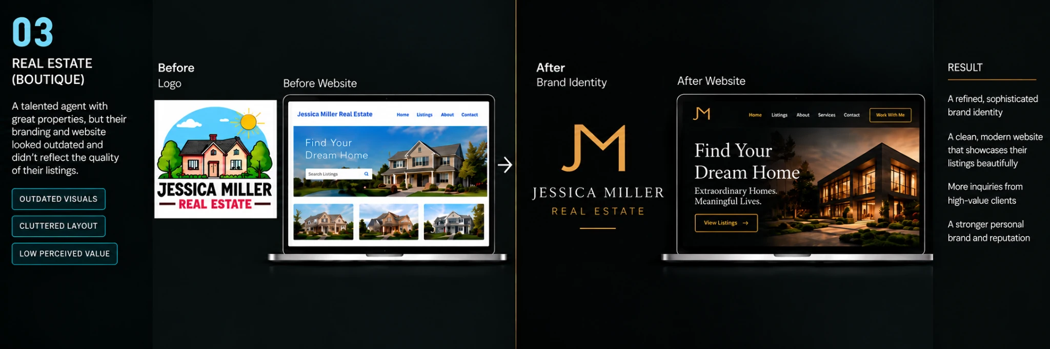 Jessica Miller Real Estate illustrative before and after brand identity and website design concept